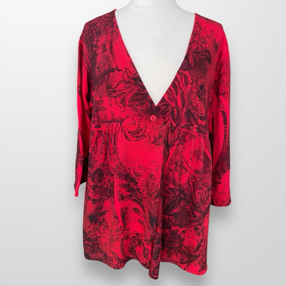 NY Collection Woman Size 1X‎ Sweater Cardigan Red Black Lightweght 3/4 Sleeve